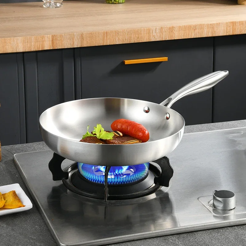 304 Stainless Steel Frying Pan NonStick Fried Steak Pot Uncoated Kitchen Cookware for Gas Stove Induction Cooker
