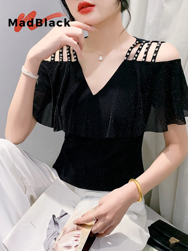 

Женская футболка с V-образным вырезом, открытыми плечами и коротким рукавом