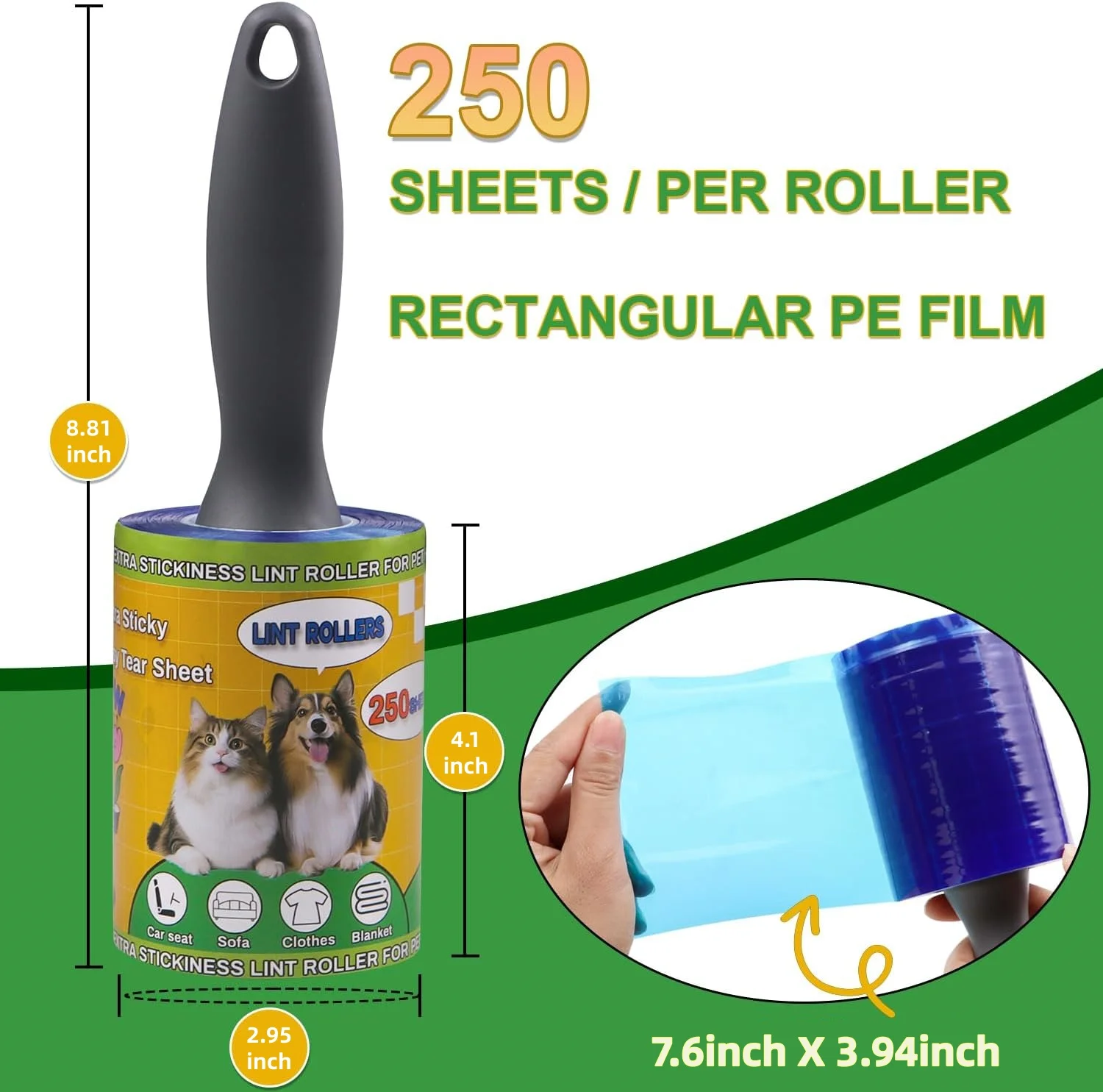 Super Sticky Cotton Wool Roller Value Set 250 sheets for pet hair removal, clothing, carpets, dog and cat hair removal agents