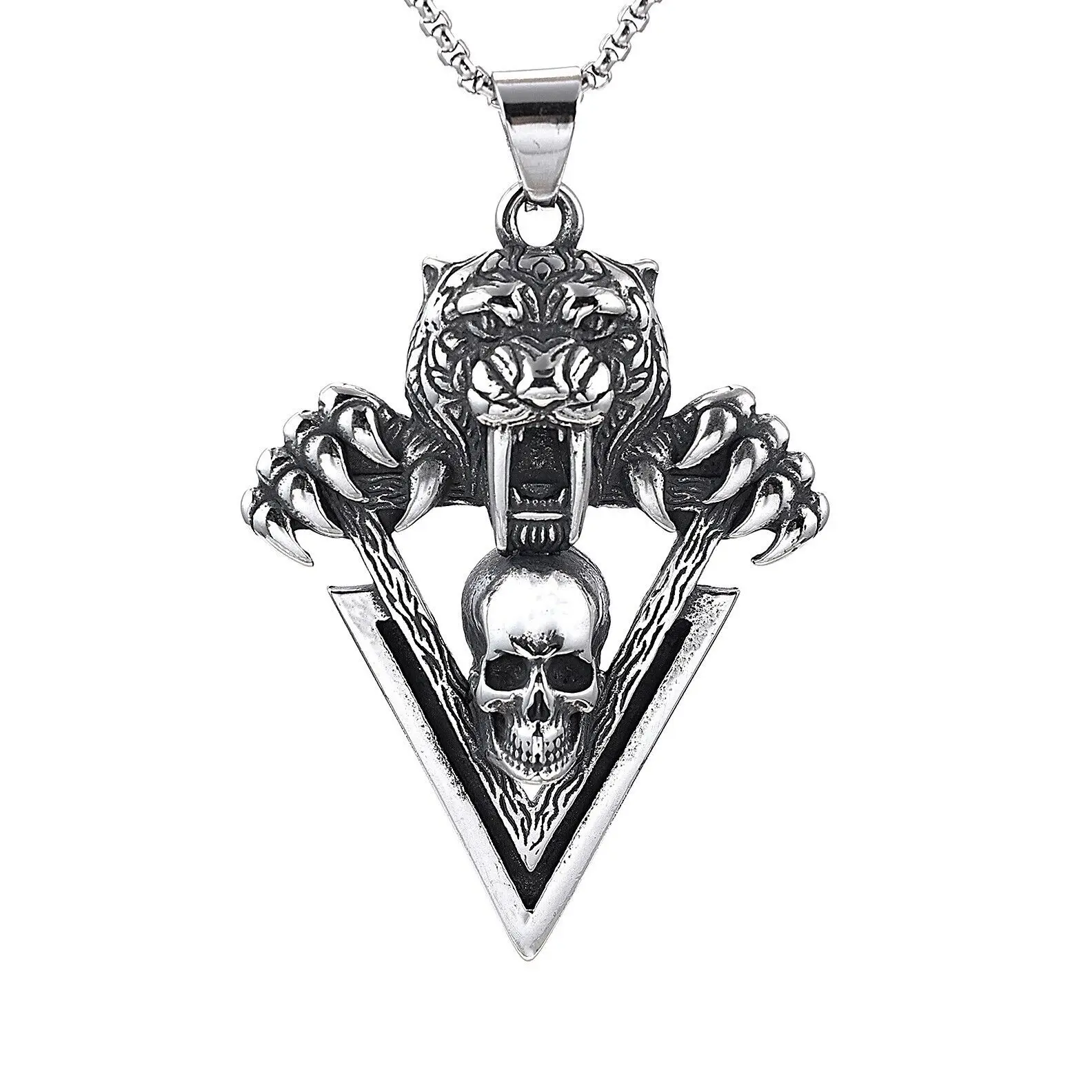 

Men's Triangle Tiger Skull Head Stainless Steel Pendant Necklace Chains