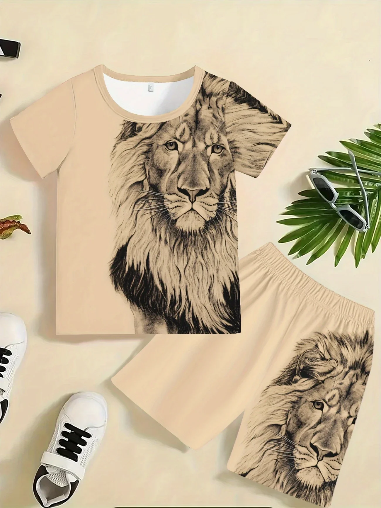 2025 Fashion New Black Cartoon Lion Pattern 3D Printed Top, Short Sleeved Shorts Two-piece Set Suitable for Outdoor Wear