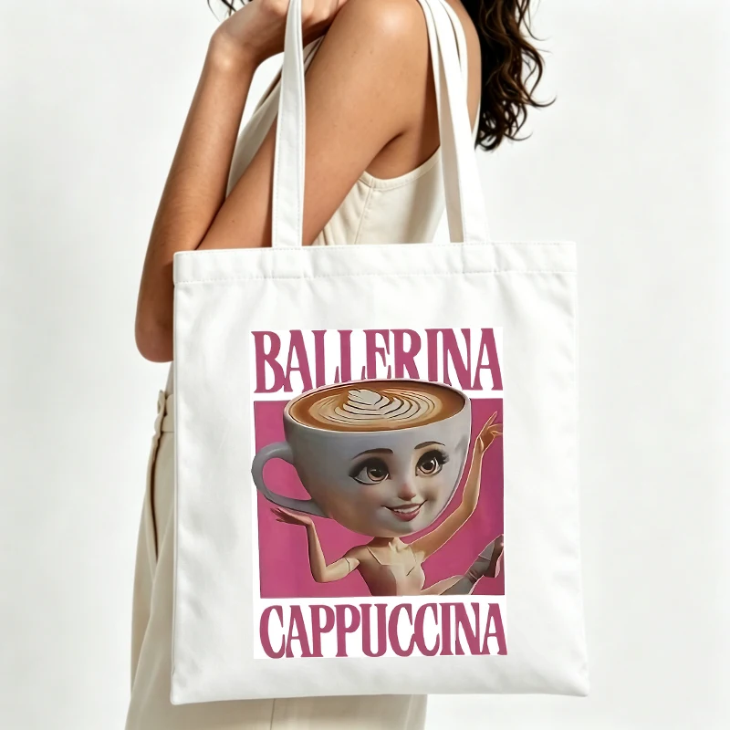 Women's canvas tote bag with coffee cup graphic and letter print, casual style for daily shopping and outings