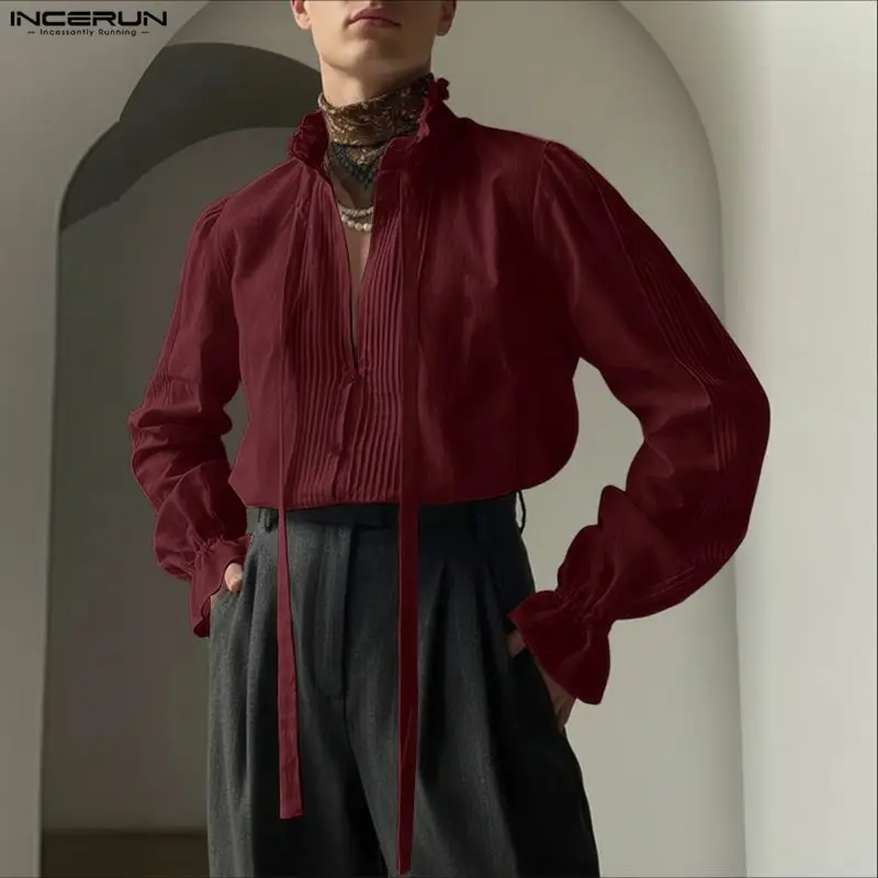

INCERUN Men Shirt Solid Color Pleated Ruffle Long Sleeve Casual Men Clothing Camisas Streetwear Elegant 2026 Fashion Male Tops