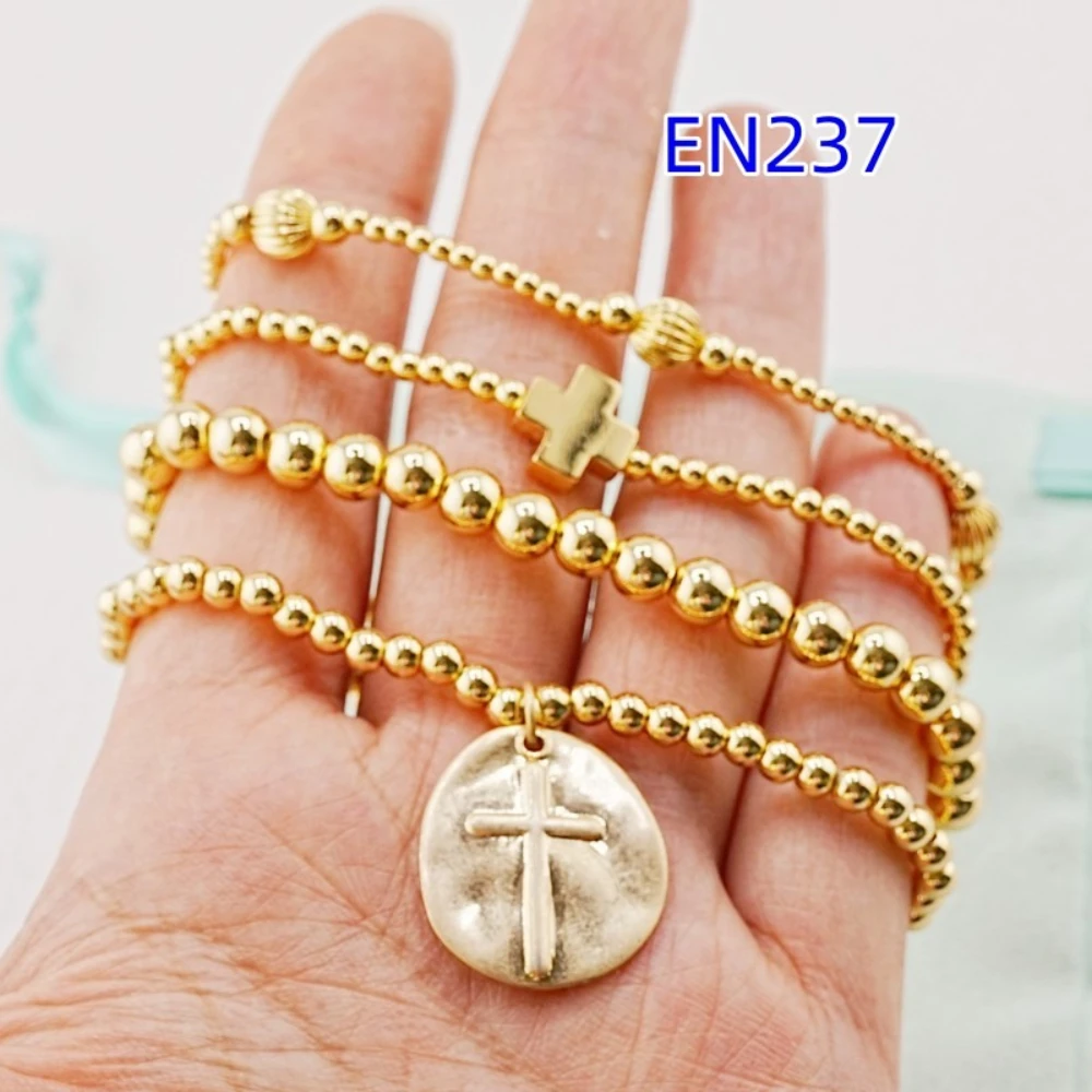 YEEVAA Cross Gold Inspire Charm Everyday Beads Stack of 4 Bracelets, Fashion Jewelry Gift for Women Daily Layering