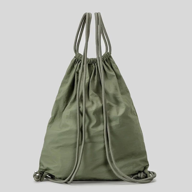 Army Green Drawstring Backpack Lightweight Nylon Gym Sack Bag Front Lace Up Pocket Design Adjustable Rope Straps Foldable Sports