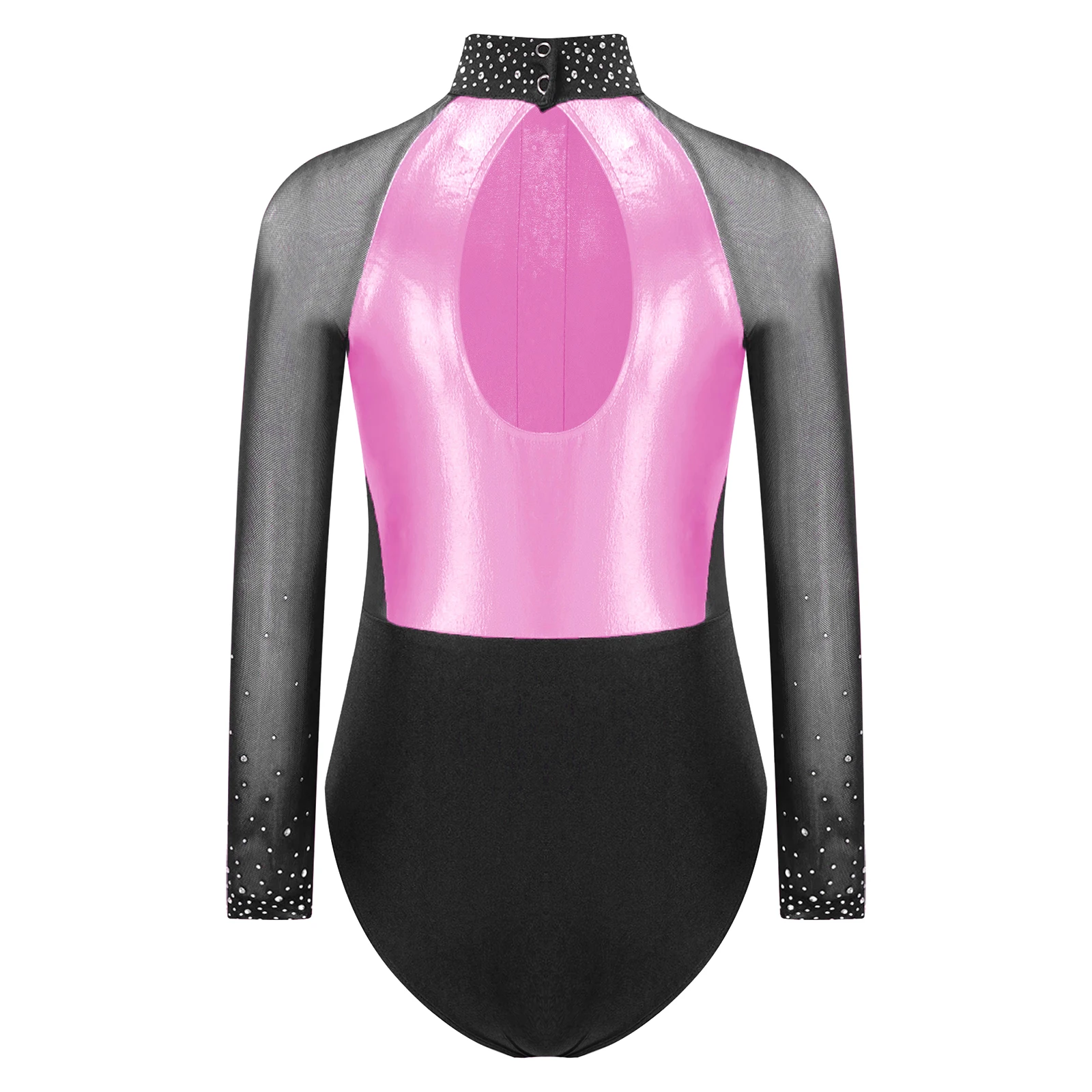 Kids Girls Shiny Rhinestones Unitards Biketards Jumpsuit Mesh Patchwork Gymnastics Figure Skating Ballet Jersey Dance Costume