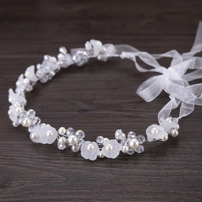 Crystal Pearl Flower Hair Vine Band Headband Tiara For Women Bride Girl Rhinestone Wedding Bridal Hair Accessories Jewelry Vine