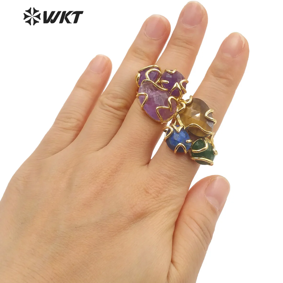R417 Wholesale Fashion Gorgeous Triple stone Prong setting gemstone Women Ring Natural sun stone Amethyst stone Ring for Party