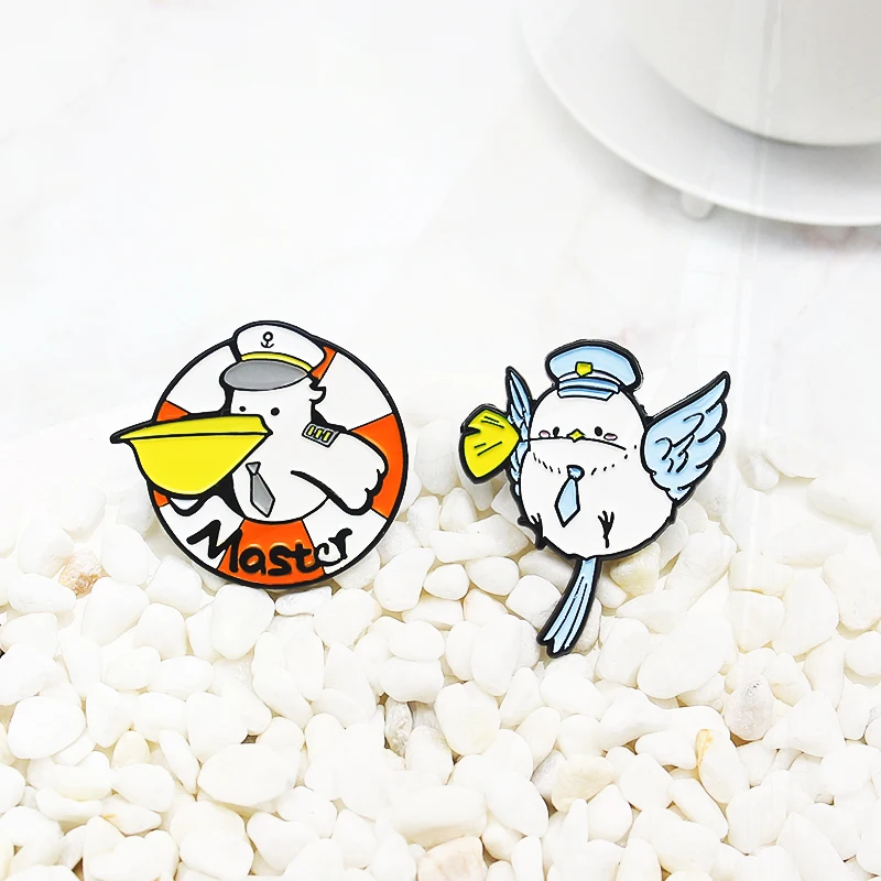 pigeon Master Captain Seaman Birds Pin Lapel Badge Jewelry Gift for Kids Cartoon Bird Seabird Pelican Enamel Pins Blue Carrier