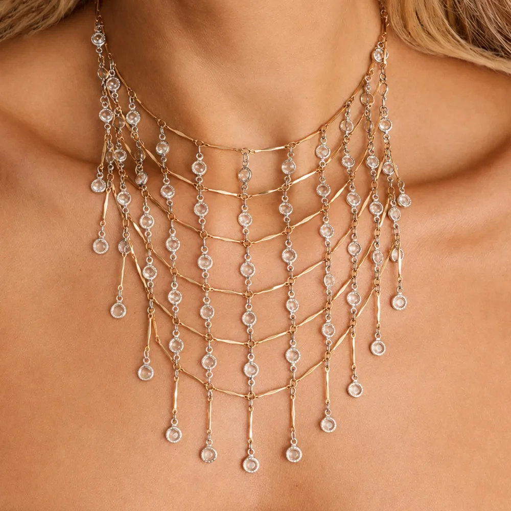 Luxury Exaggerated Multi‑Layer Gold Tone Mesh Rhinestone Tassel Choker Necklace for Women Statement Party Evening Jewelry Gifts