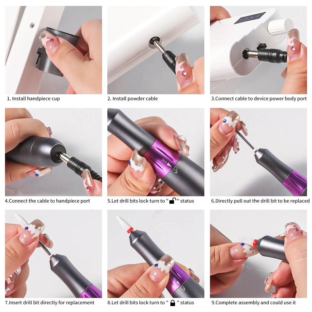 Oplaadbare elektrische nagelpolijstmachine, draagbare 35000 RPM nagelboor met 12 stuks zandwrijfstrips en slijpkopset voor salon