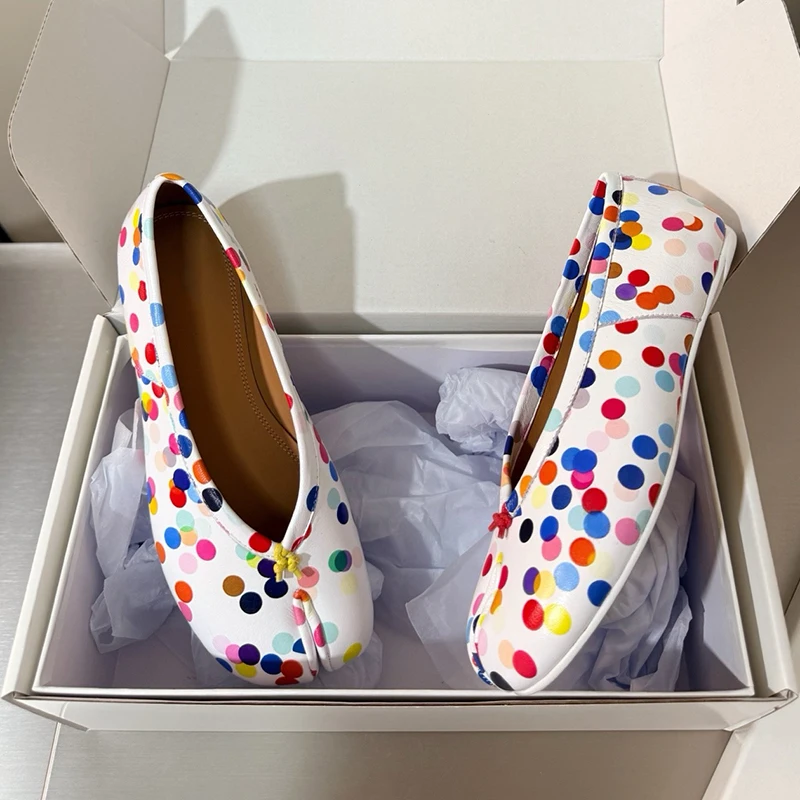 Women Genuine Leather Split Toe Shoes Colorful Polka Dot Graffiti Ballet Flats High Heels Wrinkle Design Designer LadiesFootwear