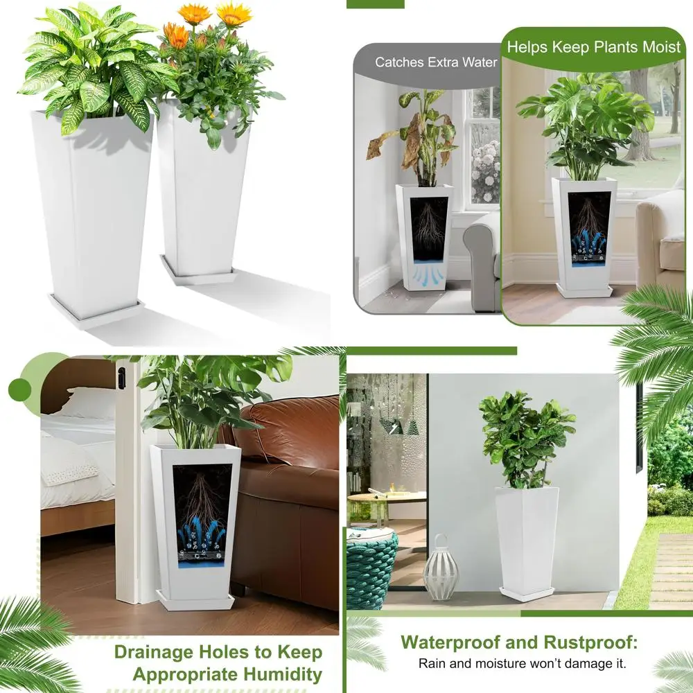 

24-Inch Tall Planters Set of 2 for Outdoor and Indoor Use, Tapered Flower Pots with Drainage Tray, Front Porch and Patio Decor,