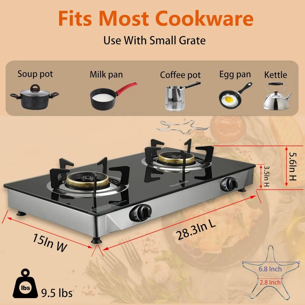 2 Burner Propane Stove With Flame Failure Device, Portable Tempered Glass Camping Gas Cooktop, Auto Ignition Outdoor Gas Cooker