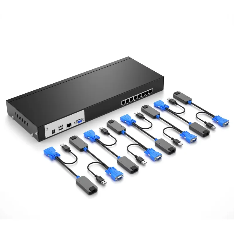 8 Port KVM Switch Over Ethernet + VGA To RJ45 Adapters, 1U Rack KVM Console By Cat5e 6 7 LAN