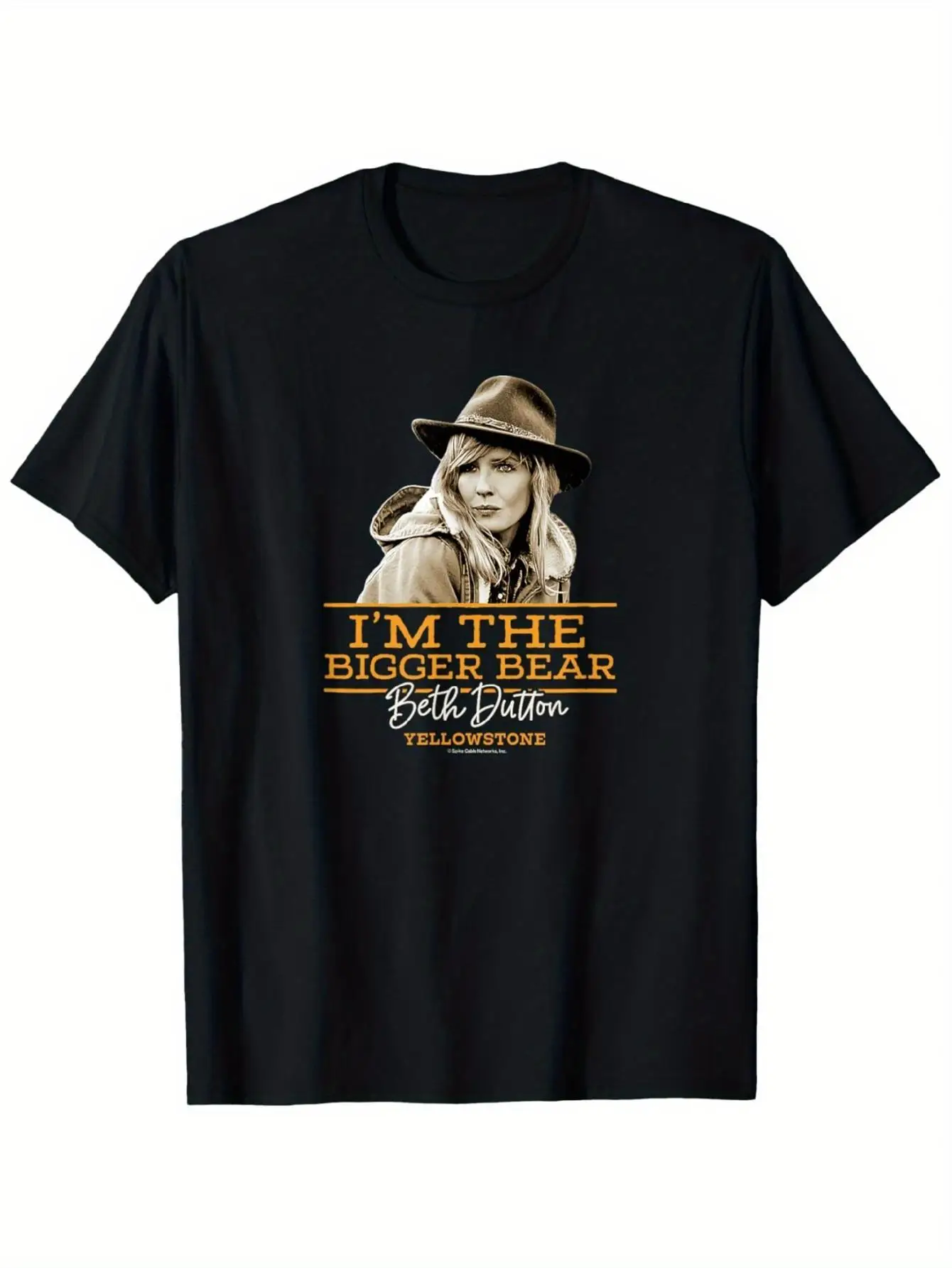 

Мужская футболка с рисунком Yellowstone Beth Dutton «I'm The Bigger Bear» — черная повседневная футболка с короткими рукавами и золотым принтом, обычная
