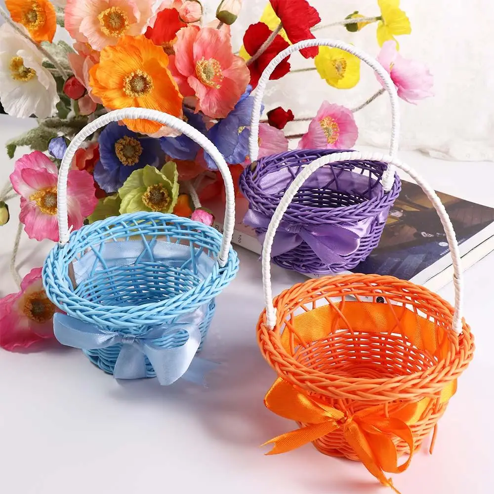 Imitation Rattan Round Small Flower Basket Pink/Purple/Orange/Blue/Yellow Decorative Woven Hand-held Flower Basket with handle