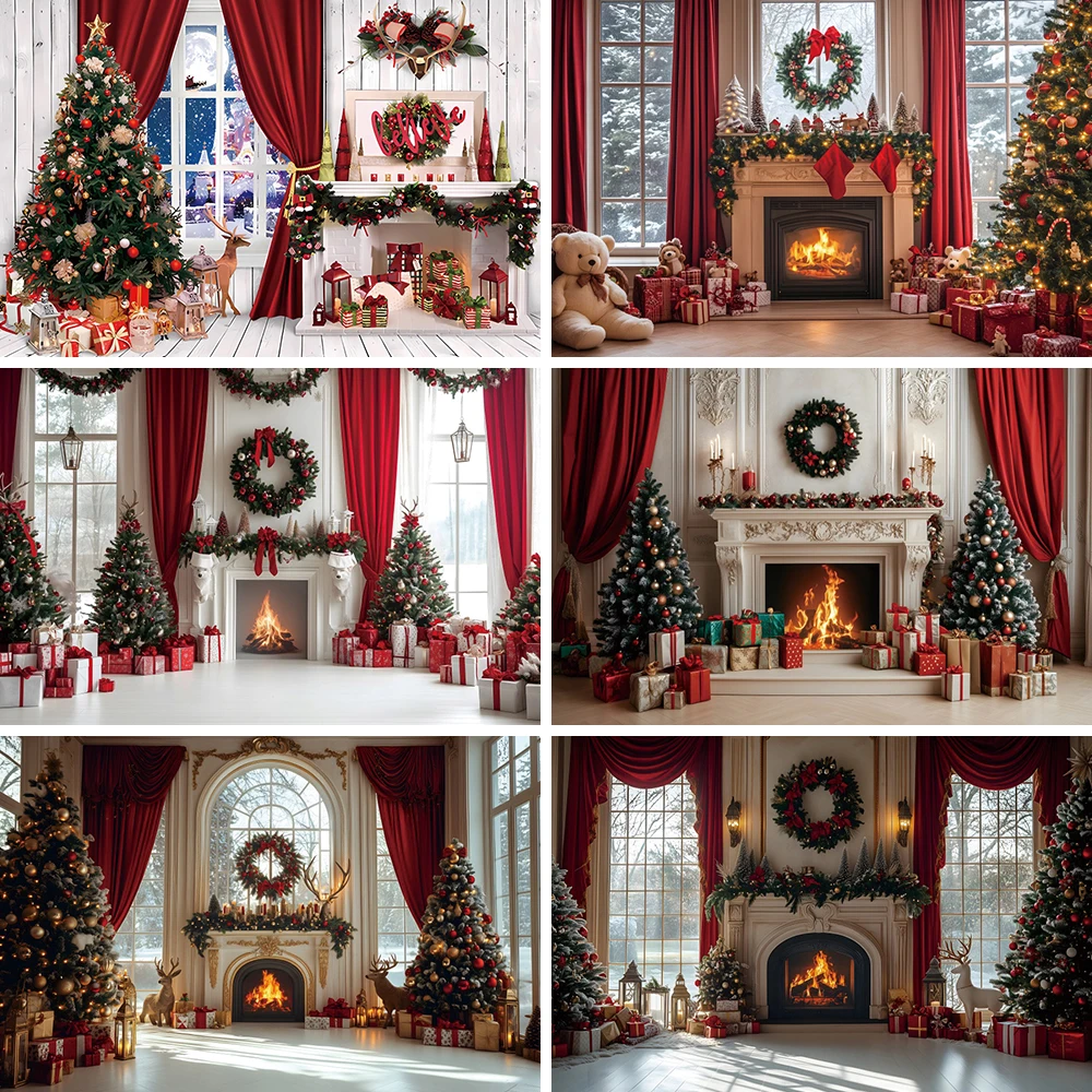Red Christmas Fireplace Background Photography Wreath Red Christmas Tree Bells Gifts Winter Family Portrait Photo Booth Backdrop