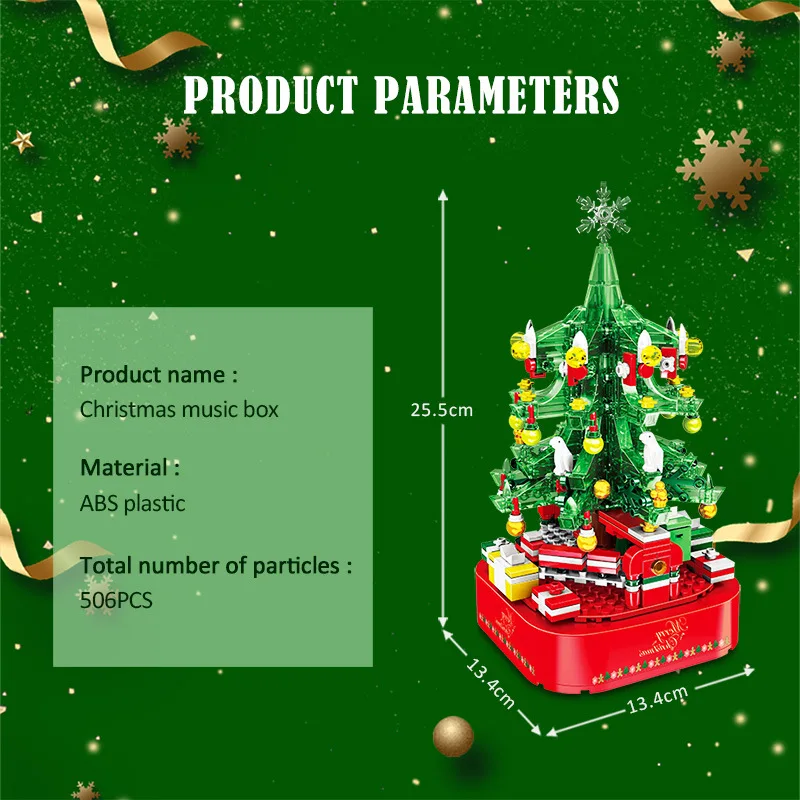 Rotating Christmas Tree Music Box Assembled Building Blocks LED Light Merry Xmas Bricks Gift for Children Kid Girl Boys