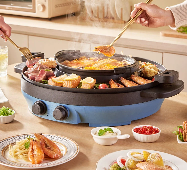 Multi functional hot pot, electric barbecue stove, integrated pot, household non stick Korean style baking tray for instant