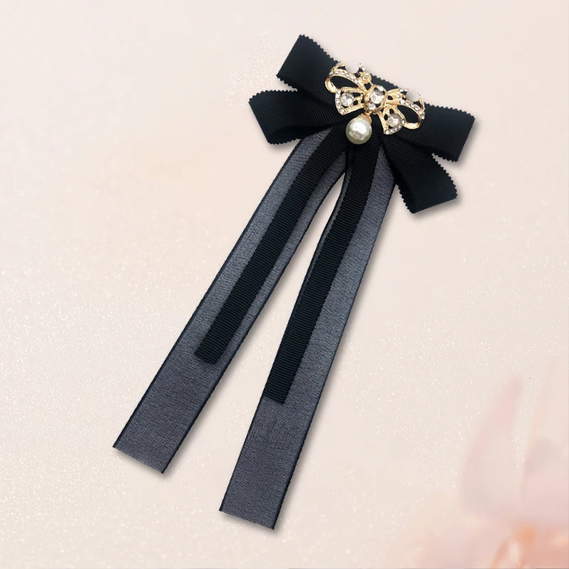 

Pearl Bow Tie Shirt Simple Collar Pin Black Female Ribbon Fabric Lace Bowtie Brooch Fashion Student School Clothing Accessories