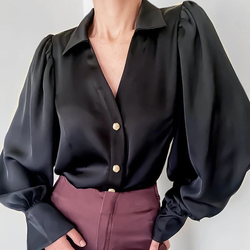 

Black Casual Satin Blouse Women Fashion Loose V Neck Buttons Simple Office Blouse Long Sleeve Lapel Blusas Ladies Tops New 29367