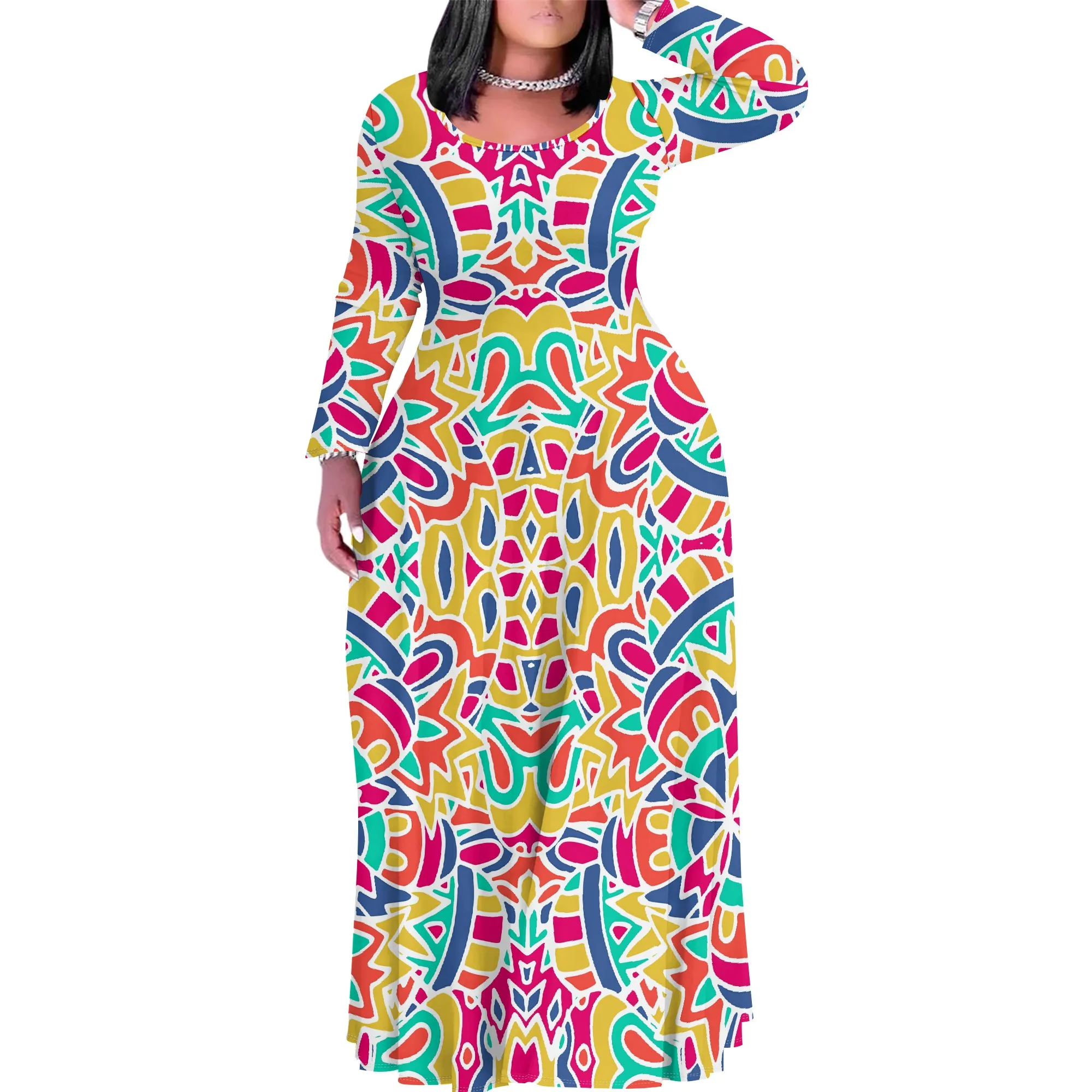 

Women's Summer/Fall Fashion Printed Long Sleeve Splits On Both Sides Maxi Dress Round Neck Long Sleeve Maxi Dress