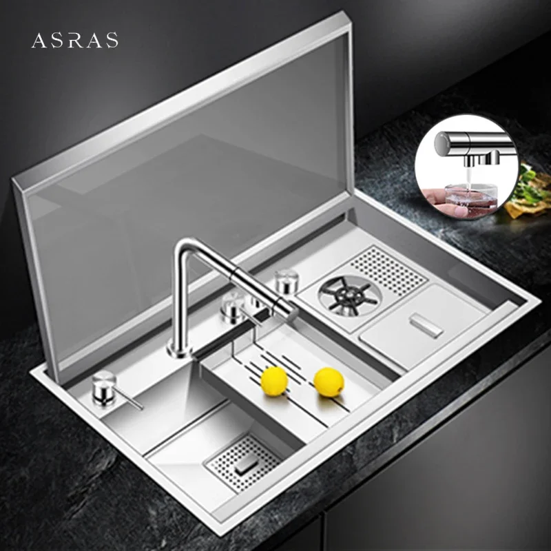 ASRAS Hidden Flip Cover Kitchen Sink SUS 304 Stainless Steel 4mm Thickness Handmade kitchen Cup Rinser Sink With Trash Can Sinks