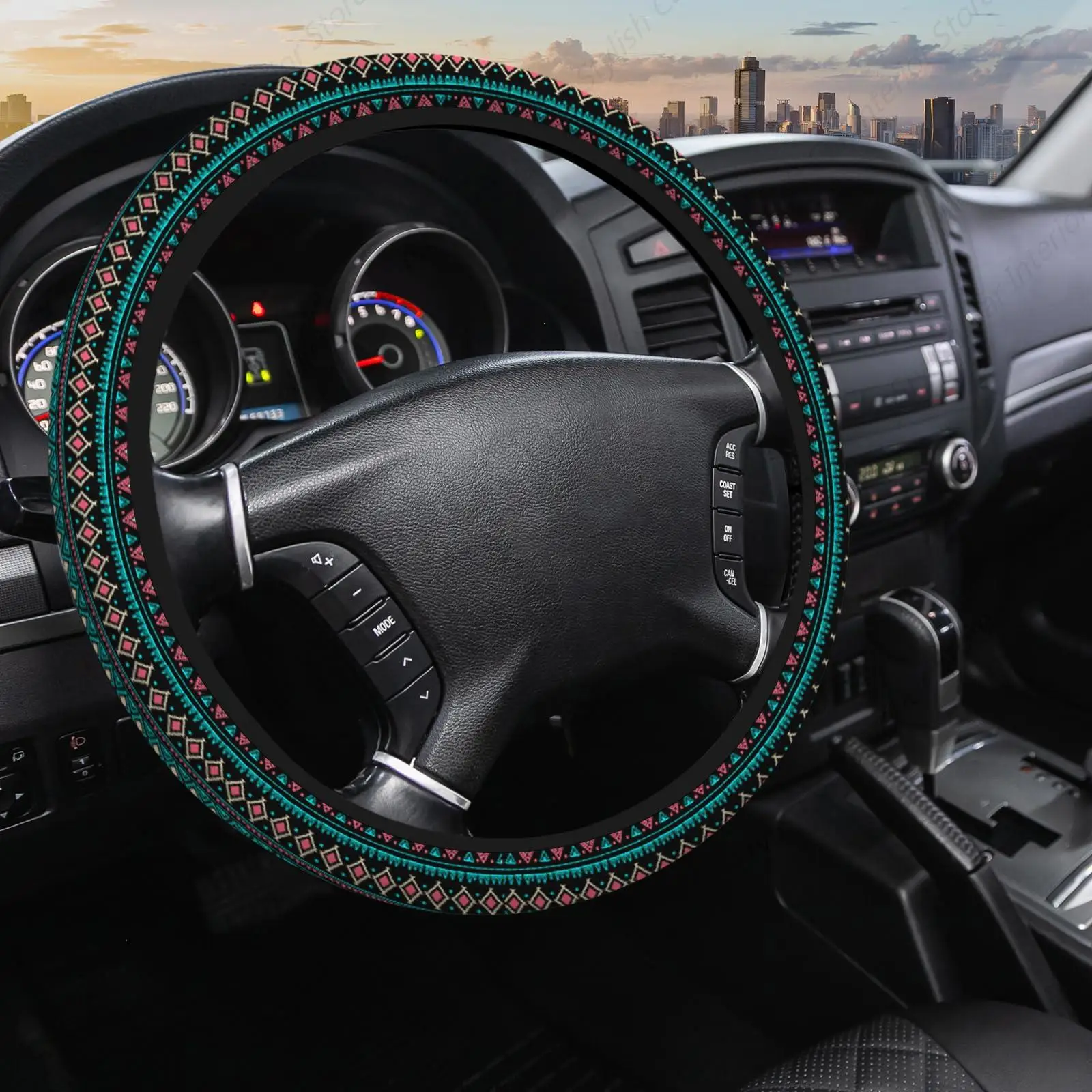 Tribal Pattern 15 Inch Steering Wheel Cover Ethnic Geometric Stripe Dot Steering Wheel Covers Men Women Steering Wheel Cover