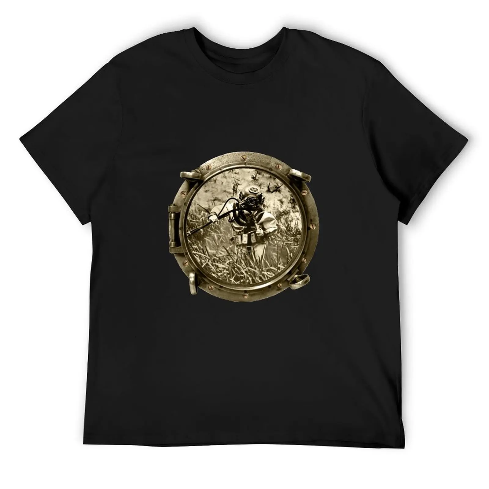 

Porthole View of a Diver and Mark V Diving Helmet Underwater URM T-Shirt Funny t-shirts korean fashion mens t shirts pack