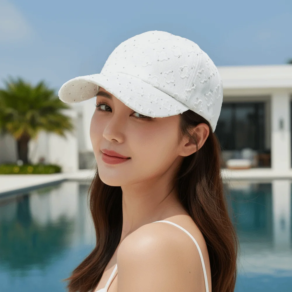 Flower Lace Baseball Cap Shiny Rhinestone Adjustable Strap Sun Hat Hollow Out Lightweight Design Visor Hat Daily Commute