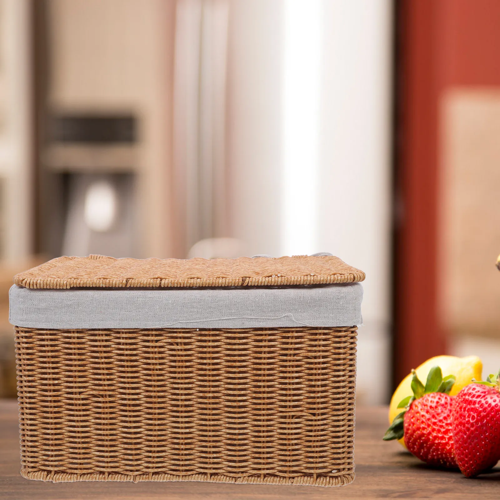 Wicker Storage Basket Rectangular with Lid Handle Large Organizer Bin for Clothes Books Nursery Home Decor Storage Bin