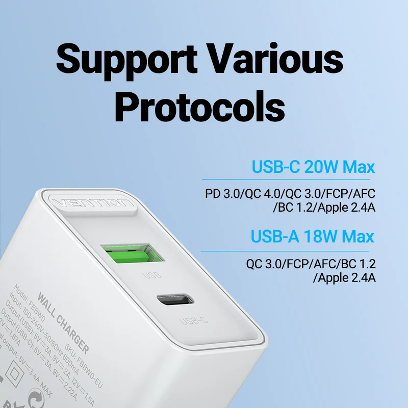 Vention 20W Wall Charger USB PD3.0 Fast Charging For iPhone 12 Samsung Xiaomi Mobile Phone Quick Charge
