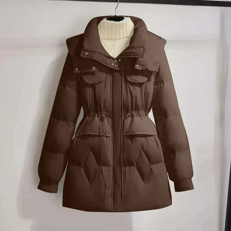 2025 Women's Medium Long Korean Edition Loose Cotton Hooded Winter Coat Coats Female Waist cinching Thick Warm Parker Overcoat
