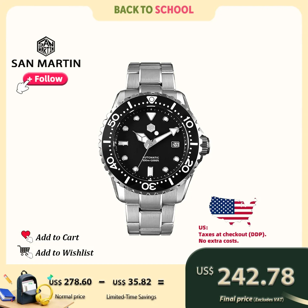 

San Martin 44 мм Роскошные дайверские часы Классические автоматические механические часы NH35 для мужчин с сапфировым стеклом BGW-X1 Водонепроницаемые 20 бар SN0009