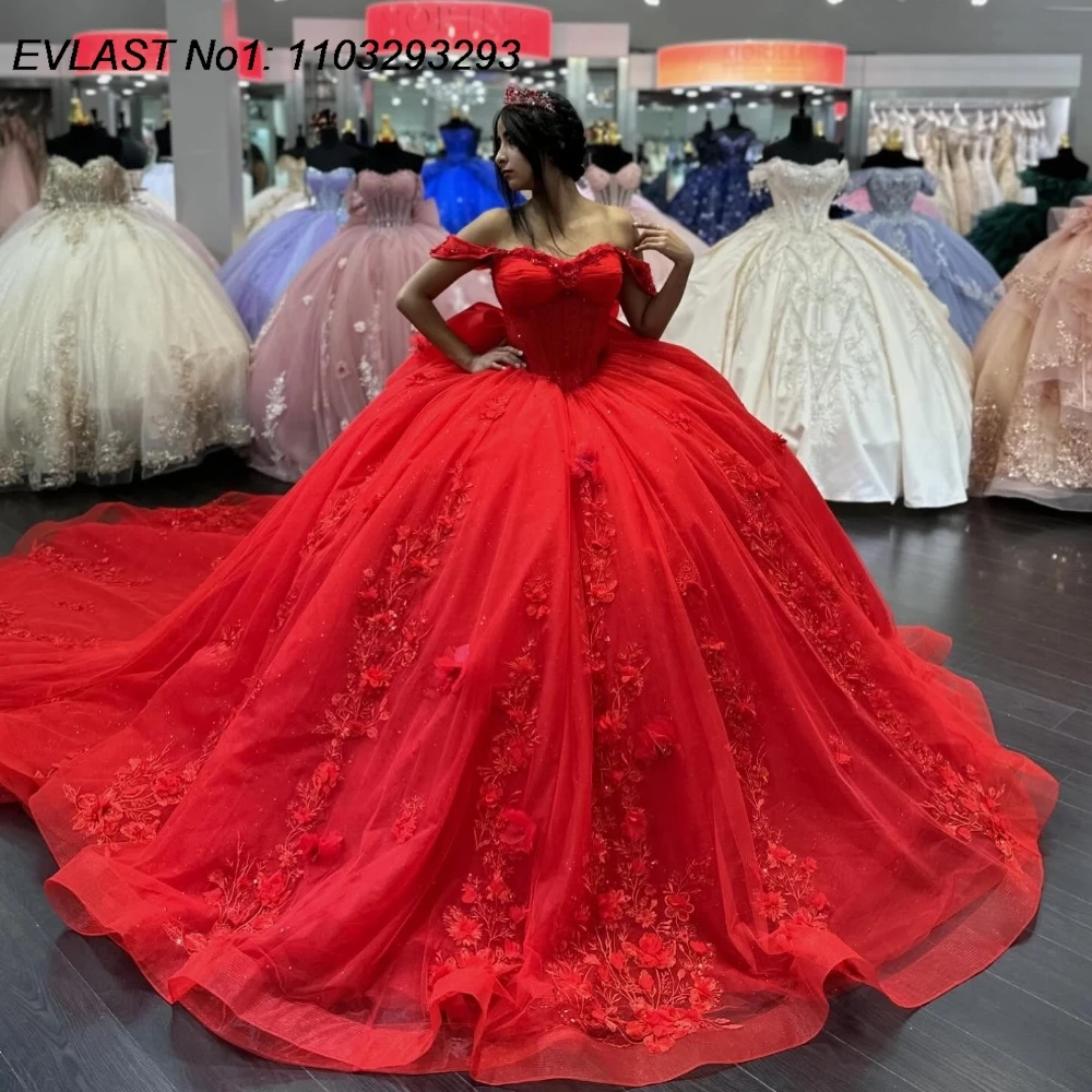 EVLAST Customized Sparkly Red Quinceanera Dress Ball Gown Flowers Applique Beading Bow Corset Sweet 16 Vestido De 15 Anos E1Q234