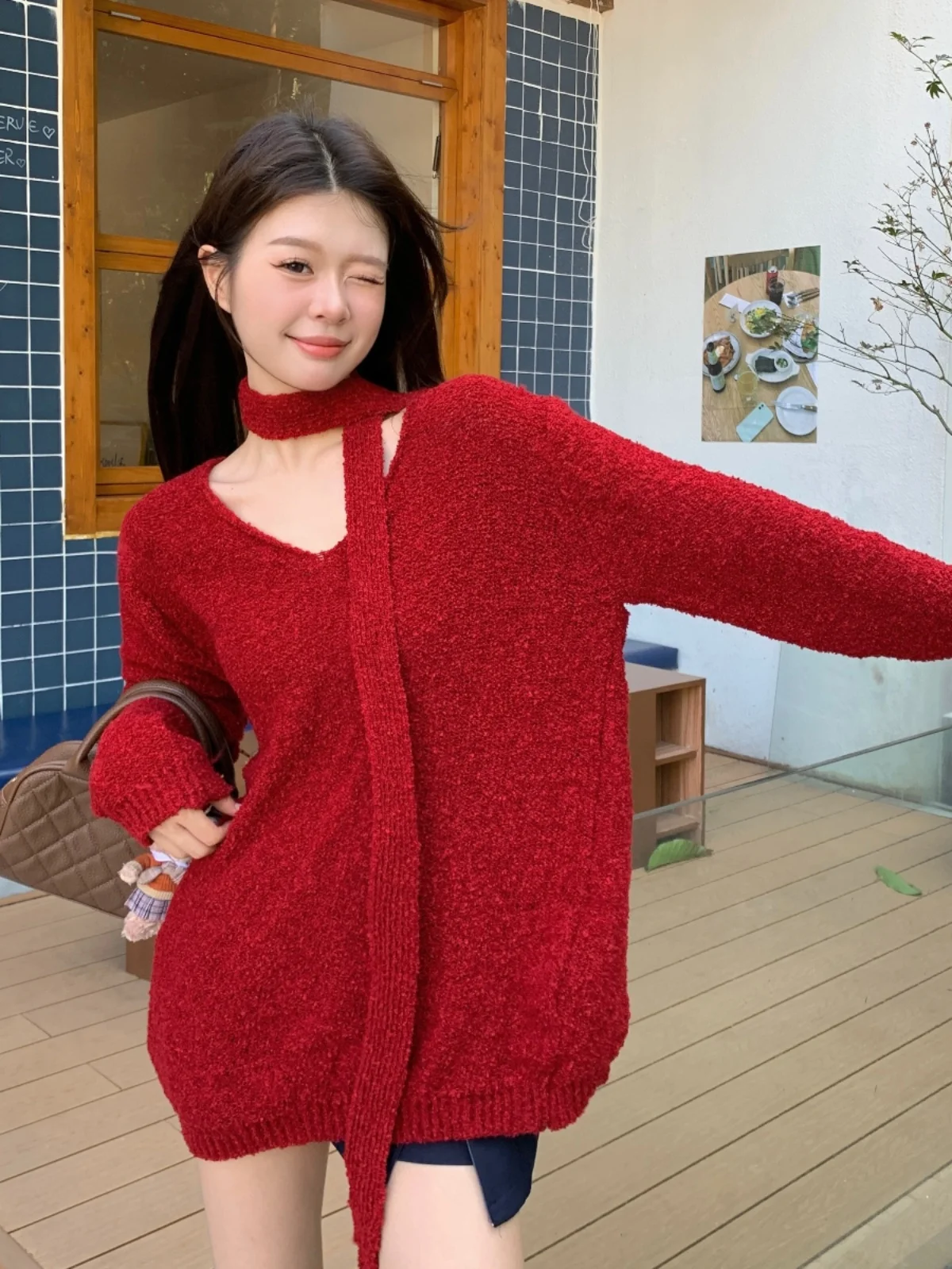 

Red Loose V-Ne Knitwear Women's Autumn New Sle Long Sve Mid-Length Top Sweet Sle Polyester Fiber Warmth Heating