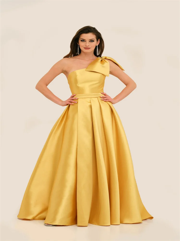 

New Arrival One Shoulder Neckline With Bow Satin A-Line Prom Dress Sexy Open Back Zipper Floor Length High Slit Gown For Women