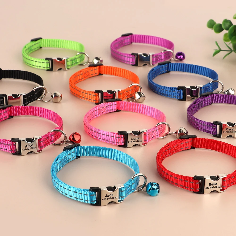 Cat collar with bell, engravable content, night reflective nylon cat leash anti lost pet cat collar