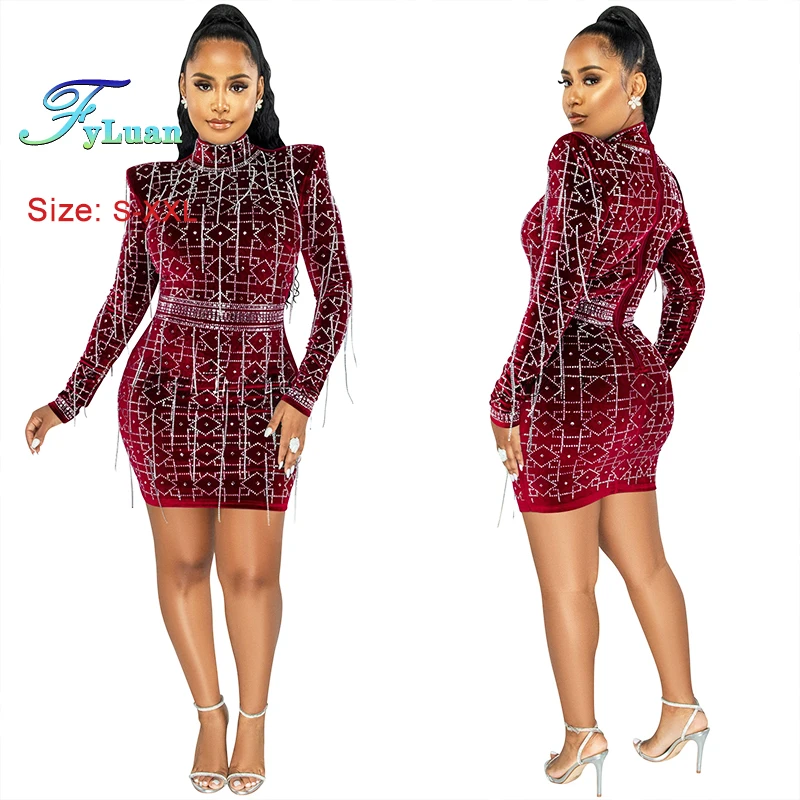 2025 Nieuwe Luxe Vrouwen Lange Mouw O Hals Korte Jurk Bodycon Casual Korte Rokken Sexy Sheer MeshGirl Jurk Cocktail Prom kleding