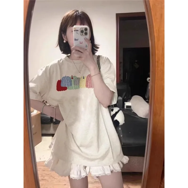 القطن الخالص المرأة قصيرة الأكمام تي شيرت الأمريكية خمر المحملة Y2k ملابس امرأة عصرية الصيف فضفاضة تناسب تنوعا القمم