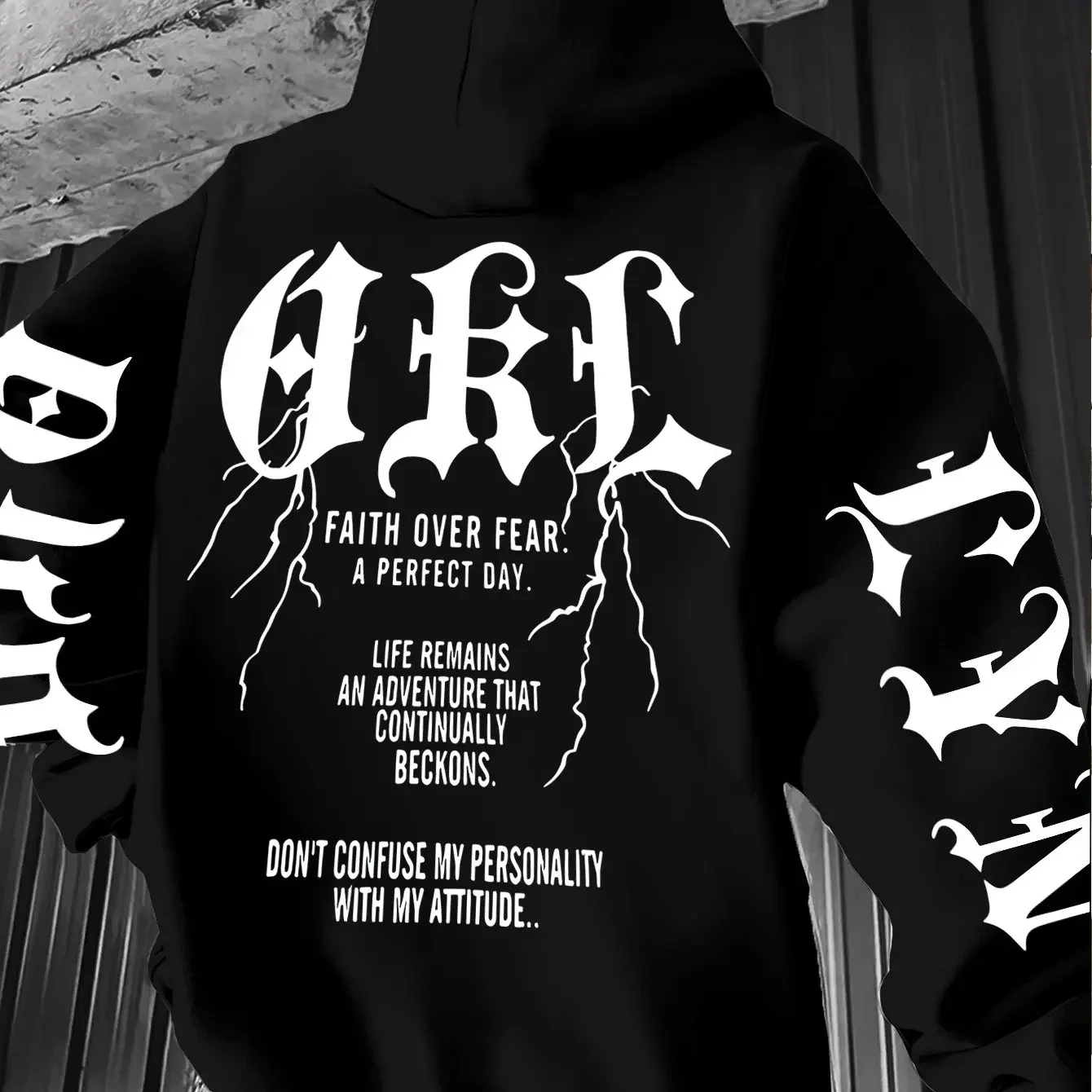 Gothic Letter Lightning Slogan Graphic Hoodie Men Back & Sleeve Print Dark Casual Loose Hooded Pullover Sweatshirt