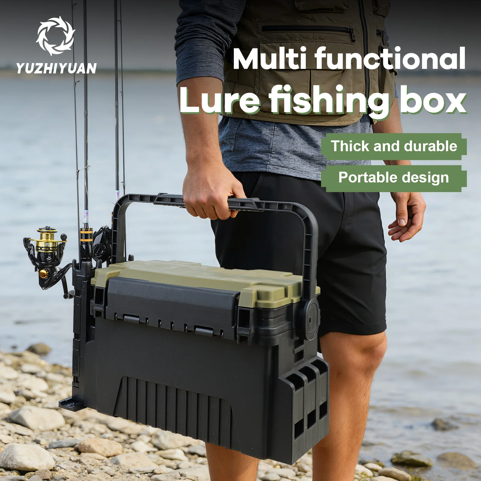 Fishing Tackle Box Double Layer Lure Storage Organizer Case with Rod Holder Heavy Duty Portable Fishing Box Seat Large Capacity