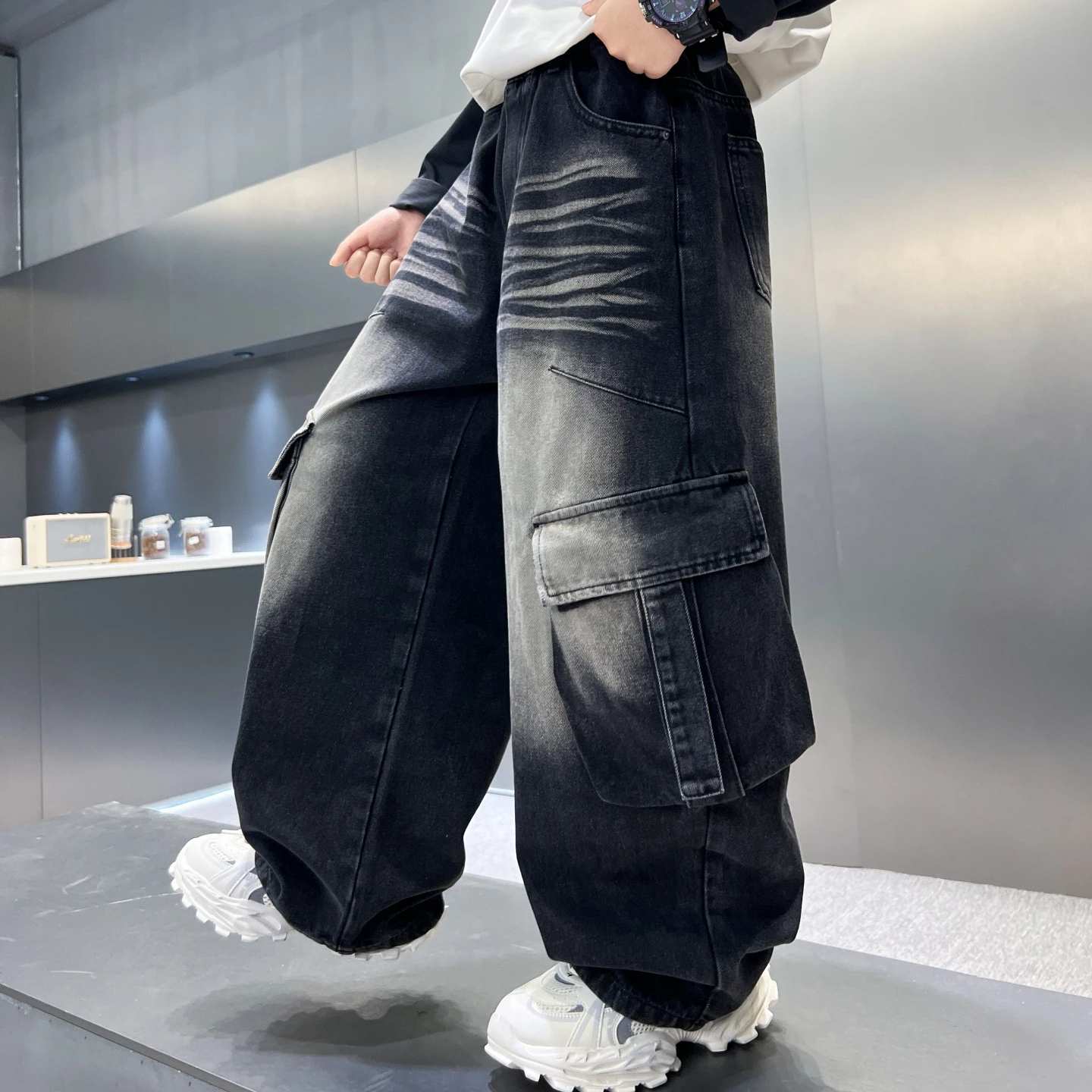 Boys Cargo Jeans Pants Children Spring Autumn Multi-pocket Retro Loose Wide-leg Pants Kids Street Trousers Teen Fashion Denim