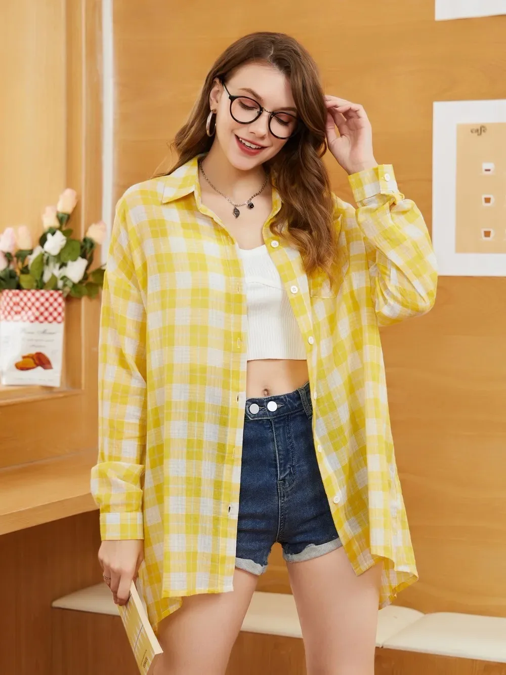 Women's Back Split Casual All-Match Long-Sleeved Plaid Shirt