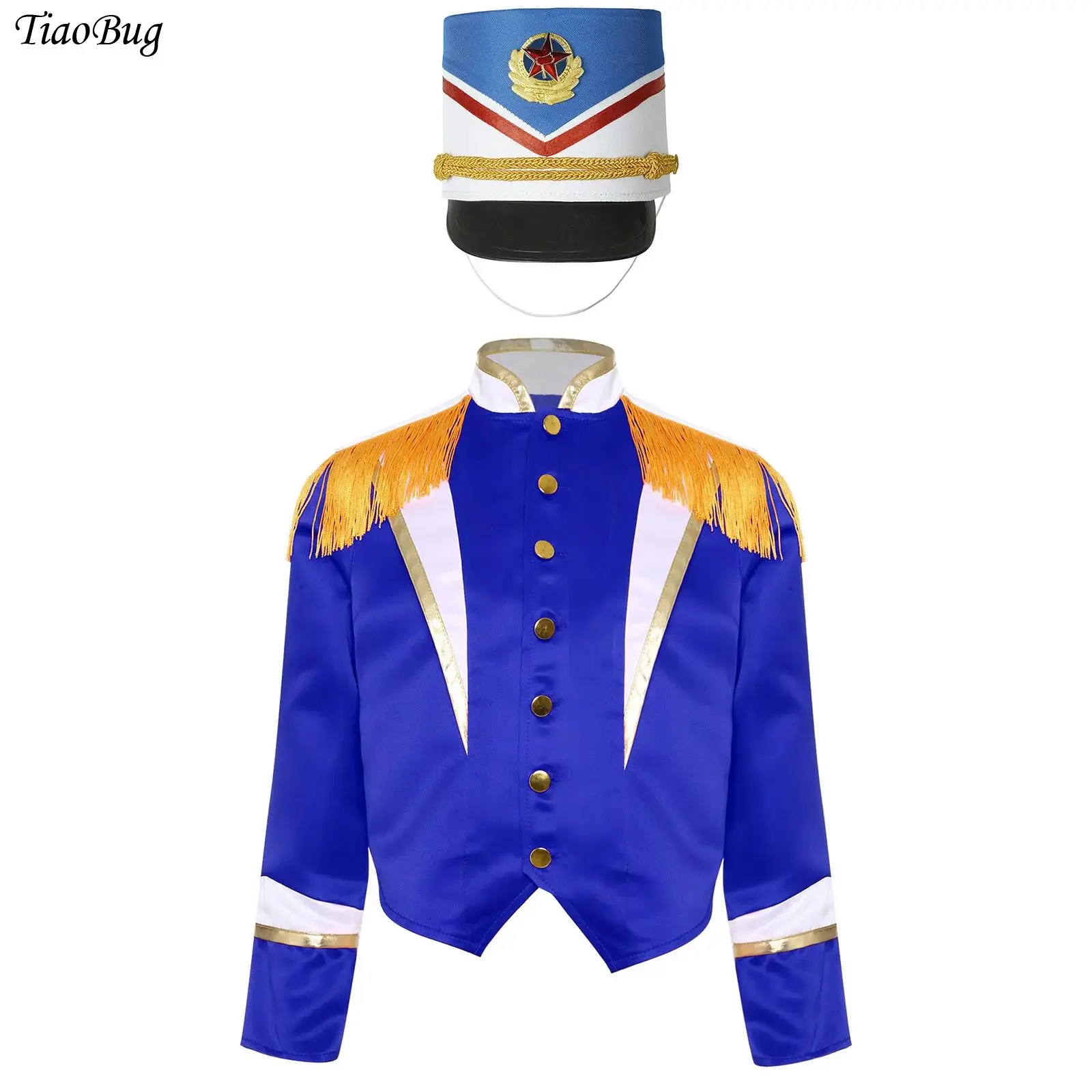 

Girls Boys Drum Band Uniform Outfit Tassels Shoulder Long Sleeve Outerwear+Hat for Halloween Christmas Drum Major Marching Band