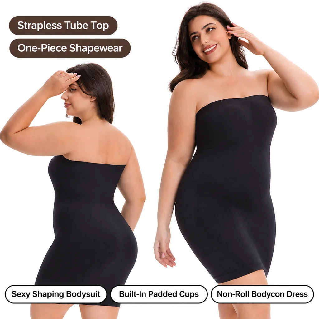 Vestido moldeador sin tirantes y sin costuras, de talla grande, para mujer, con alta elasticidad, control de abdomen, efecto levantamiento de glúteos, diseño ajustado, efecto reductor y con relleno en el sujetador. Tallas 1XL-5XL.