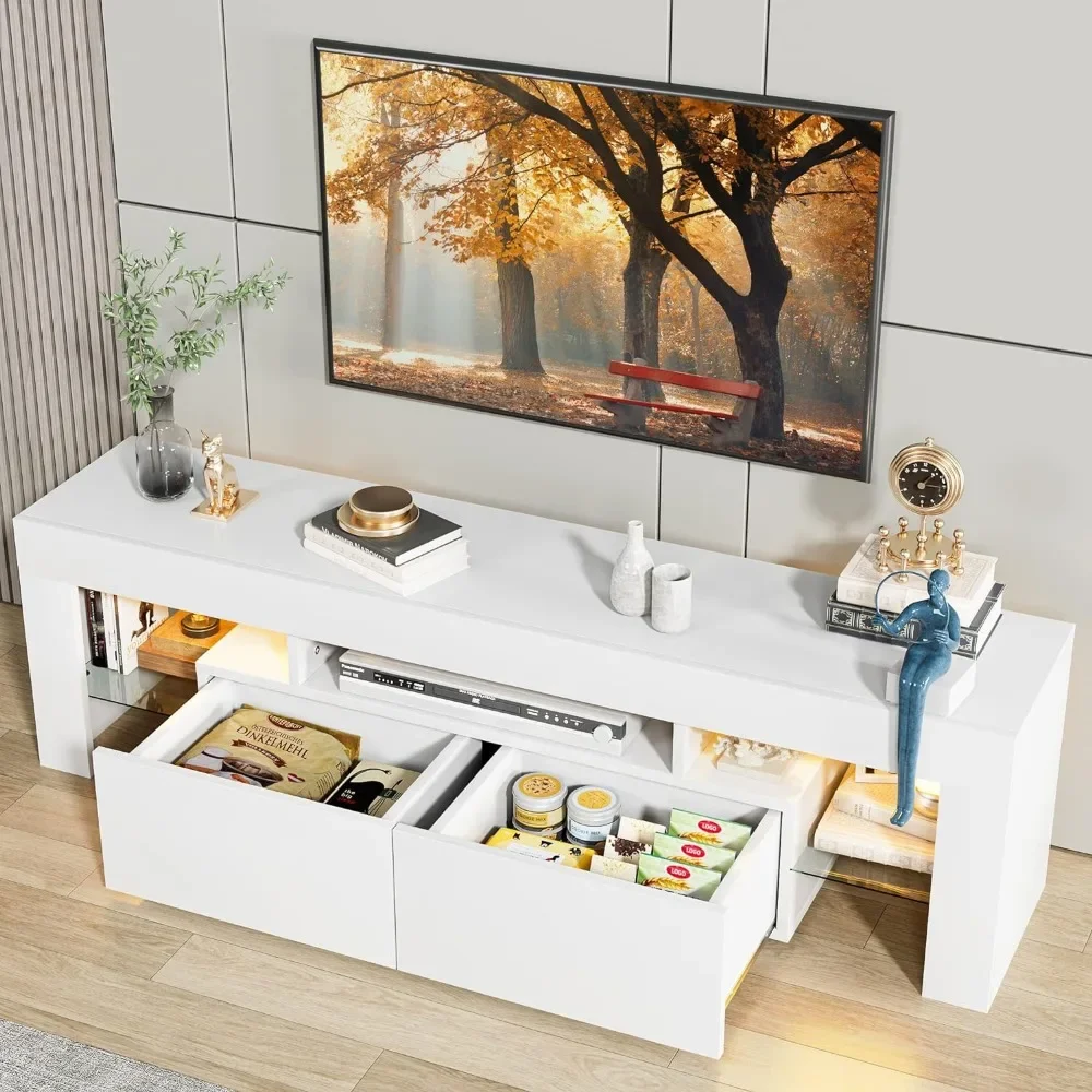 Modern LED TV Stand for Televisions up to 70 Inch with Glass Shelves and Drawer, Gaming Entertainment Center for Living Room