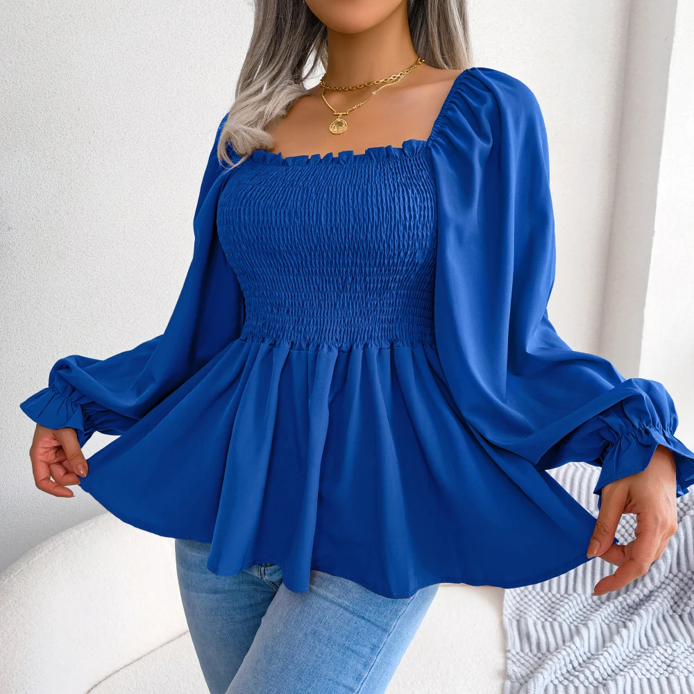 Women Chiffon Blouse 2023 Long Sleeve Casual Ruffles Peplum Top White Red Green Blue Black