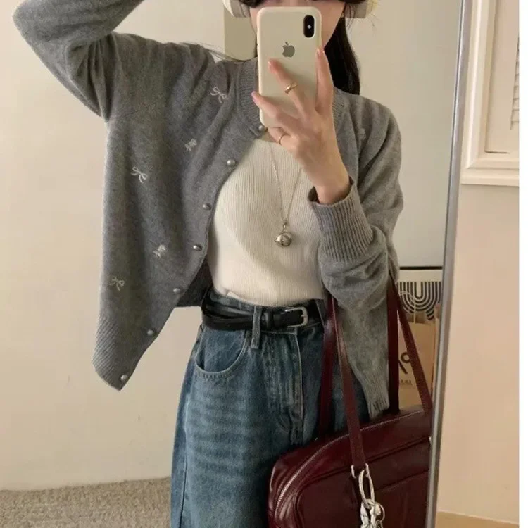 Gagaok Grey Bow Embroidered Knitted Cardigan Women Autumn Winter Sweaters Korean Style Round Neck Slimming Short Coat Top